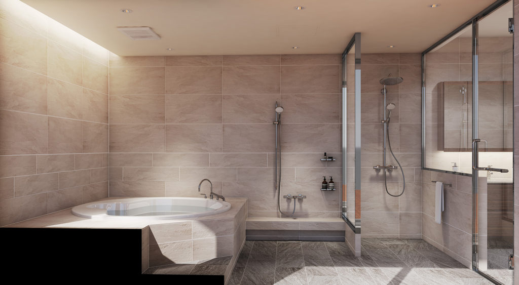 ガラス張りのバスルームの事例